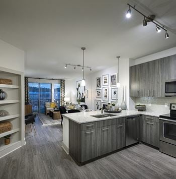 Wood style flooring in living and dining areas